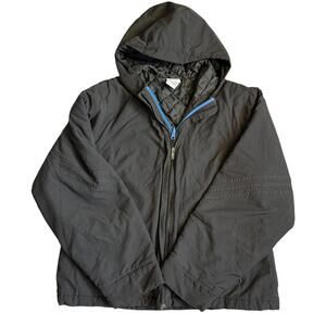 Adidas Vintage Black Quilted Hooded Jacket XL Blue Zip 2000s Y2K Streetwear